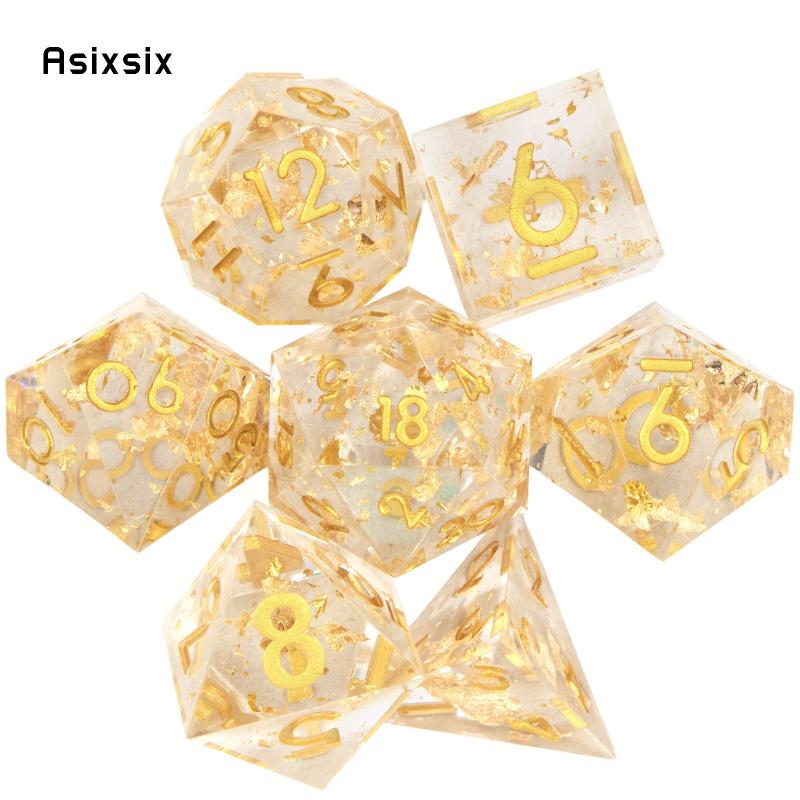 7pcs Yellow Golden Number Sharp Edge Resin Polyhedral Dices