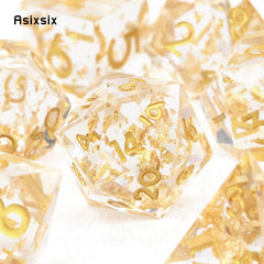 7pcs Yellow Golden Number Sharp Edge Resin Polyhedral Dices