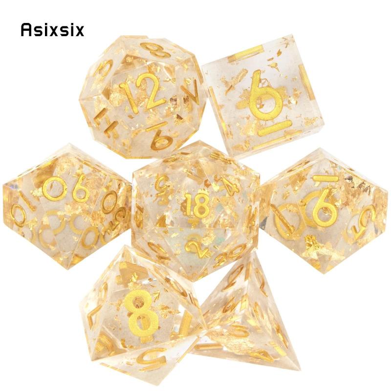 7pcs Yellow Golden Number Sharp Edge Resin Polyhedral Dices