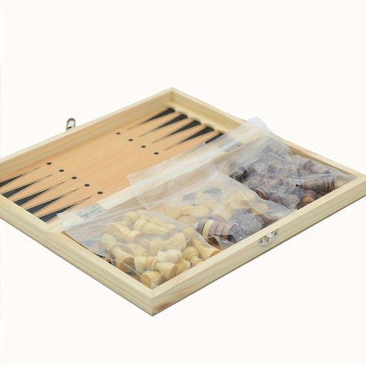 3 in 1 Wooden Chess Foldable Portable Puzzle Chess Game Gift