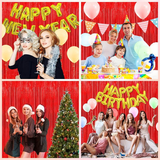 4pcs Red Foil Fringe Backdrop Curtains - Party Decorations Tinsel Streamers