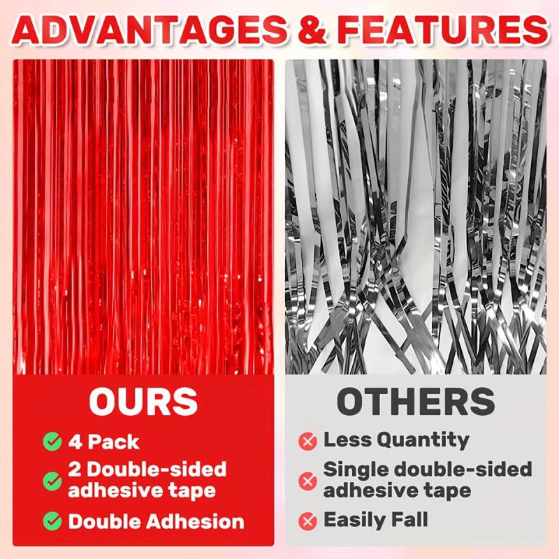 4pcs Red Foil Fringe Backdrop Curtains - Party Decorations Tinsel Streamers