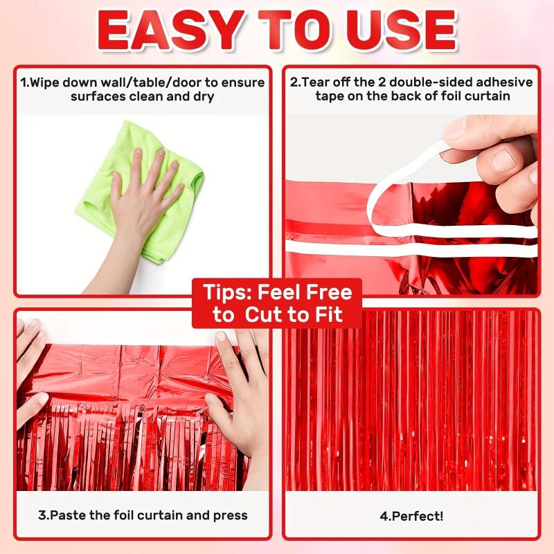 4pcs Red Foil Fringe Backdrop Curtains - Party Decorations Tinsel Streamers