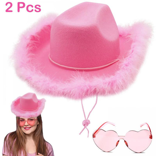 Feather Cowboy Hat with Heart Sunglasses for Women