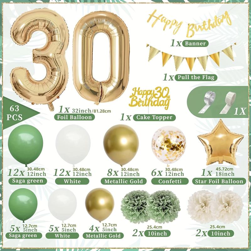 30th Birthday Decorations - Foil 30th Balloons and Happy Birthday Banner