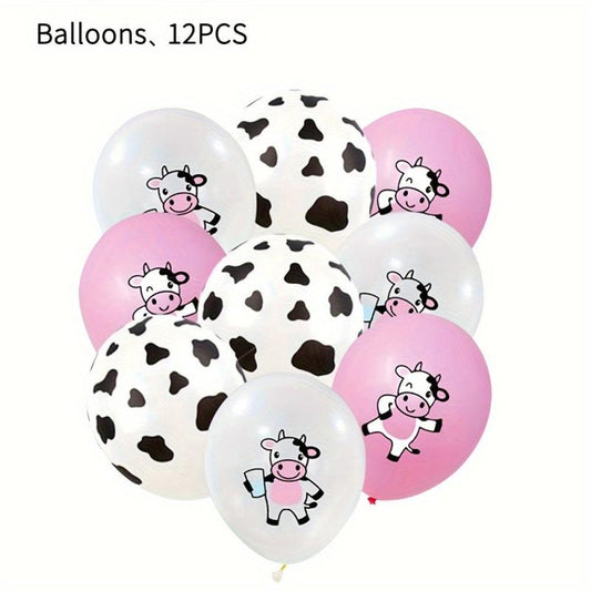 12pcs Cow Party Latex Balloon Decoration Pink And Cow Printed Balloon