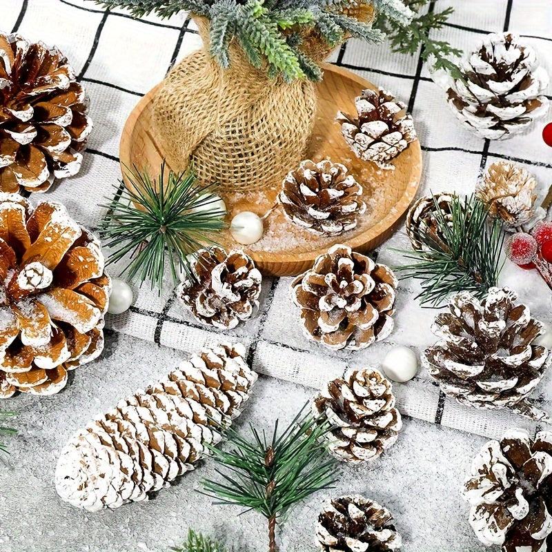9pcs Christmas Pine Cones Snow Tipped With String 3.99cm