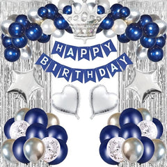 Navy Silvery Happy Birthday Party Decorations Set