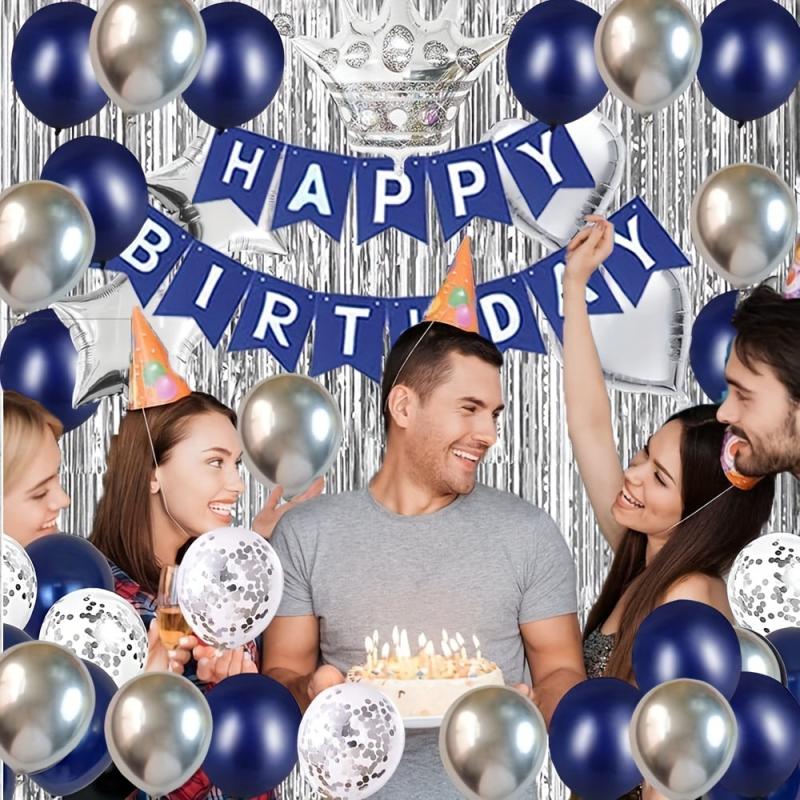 Navy Silvery Happy Birthday Party Decorations Set