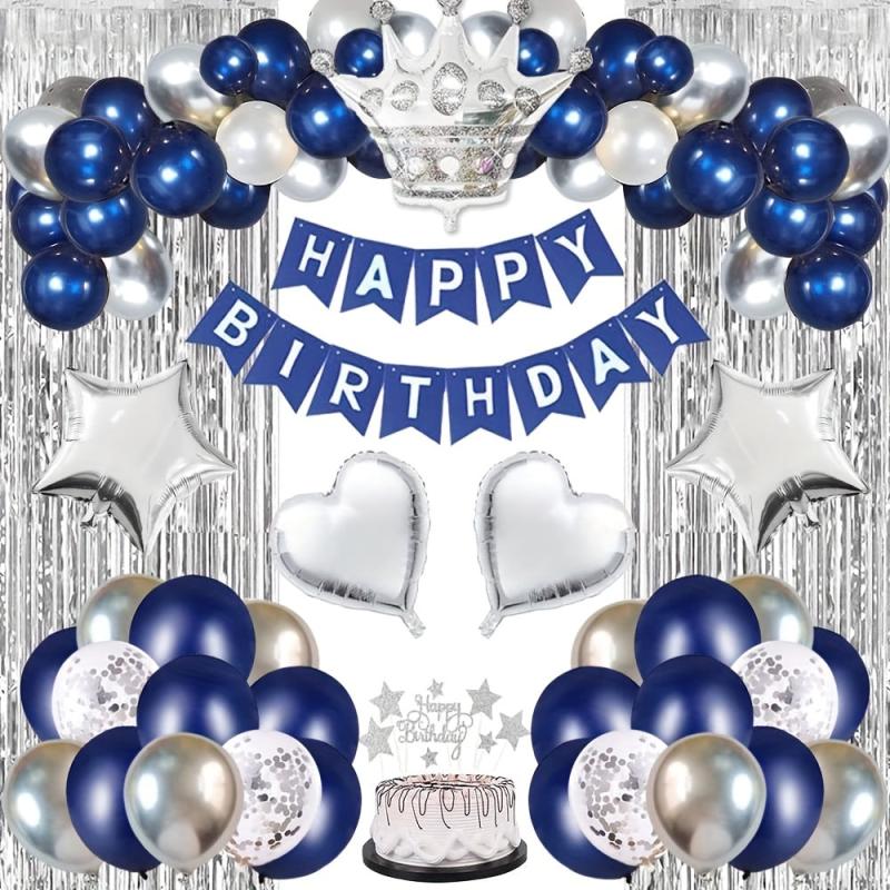 Navy Silvery Happy Birthday Party Decorations Set