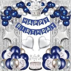 Navy Silvery Happy Birthday Party Decorations Set