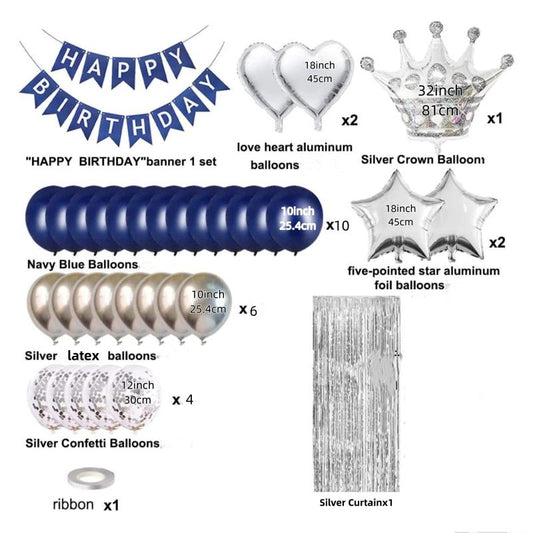 Navy Silvery Happy Birthday Party Decorations Set