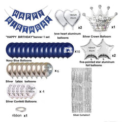 Navy Silvery Happy Birthday Party Decorations Set