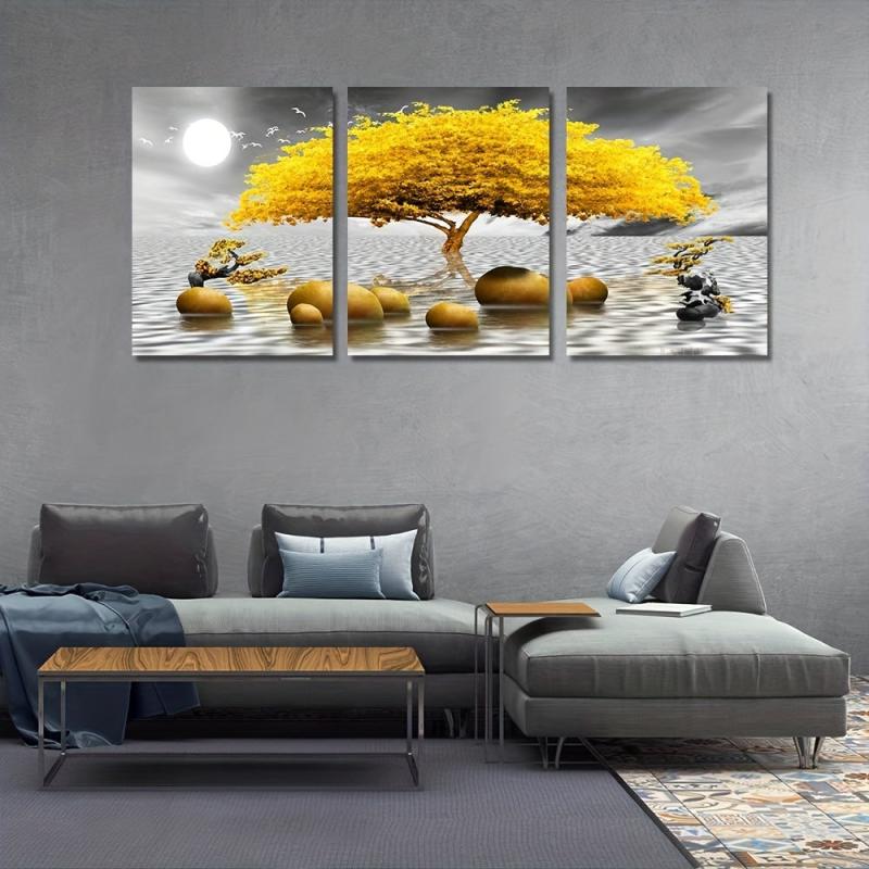 3pcs Yellow Tree Abstract Canvas Wall Decor for Living Room and Bedroom