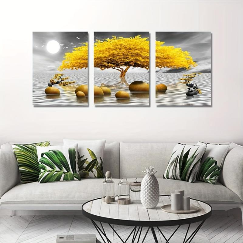 3pcs Yellow Tree Abstract Canvas Wall Decor for Living Room and Bedroom