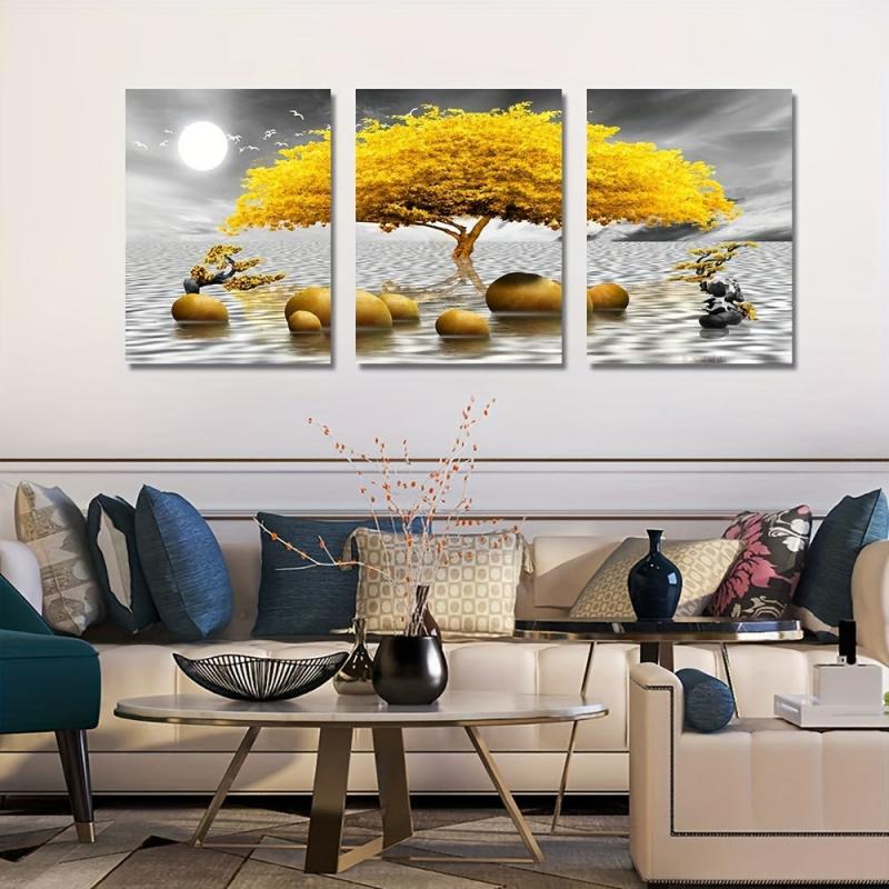 3pcs Yellow Tree Abstract Canvas Wall Decor for Living Room and Bedroom