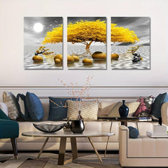 3pcs Yellow Tree Abstract Canvas Wall Decor for Living Room and Bedroom