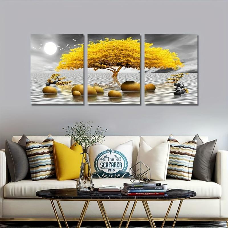 3pcs Yellow Tree Abstract Canvas Wall Decor for Living Room and Bedroom