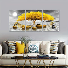 3pcs Yellow Tree Abstract Canvas Wall Decor for Living Room and Bedroom