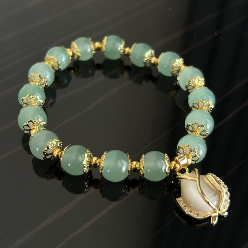 Green Jade Bracelet With Golden Tulip - Perfect Gift for Her