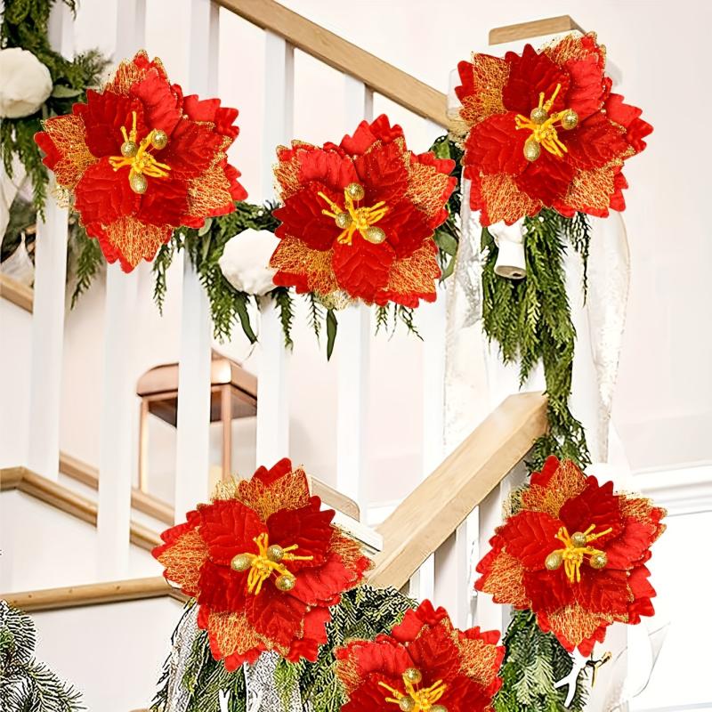 32 Artificial Red Flowers Glitter Christmas Ornaments Decoration