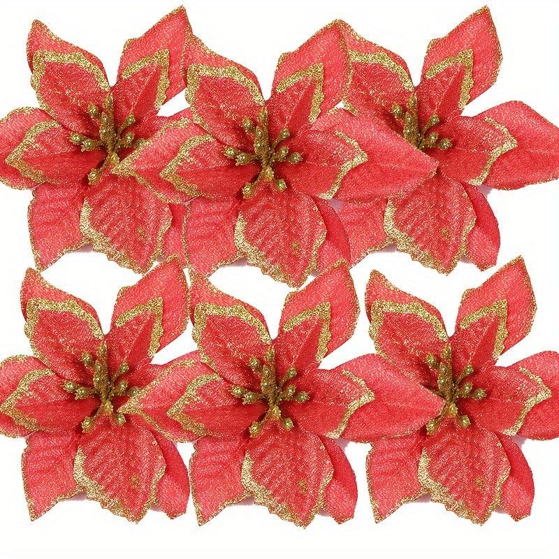 6pcs Glitter Flower Christmas Ornaments - DIY Xmas Wreath Decor