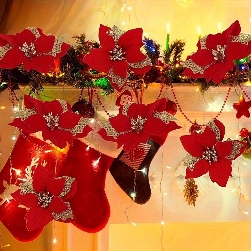 6pcs Glitter Flower Christmas Ornaments - DIY Xmas Wreath Decor