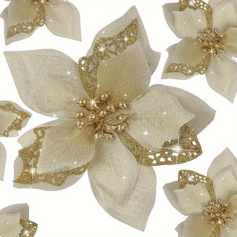 6pcs Glitter Flower Christmas Ornaments - DIY Xmas Wreath Decor