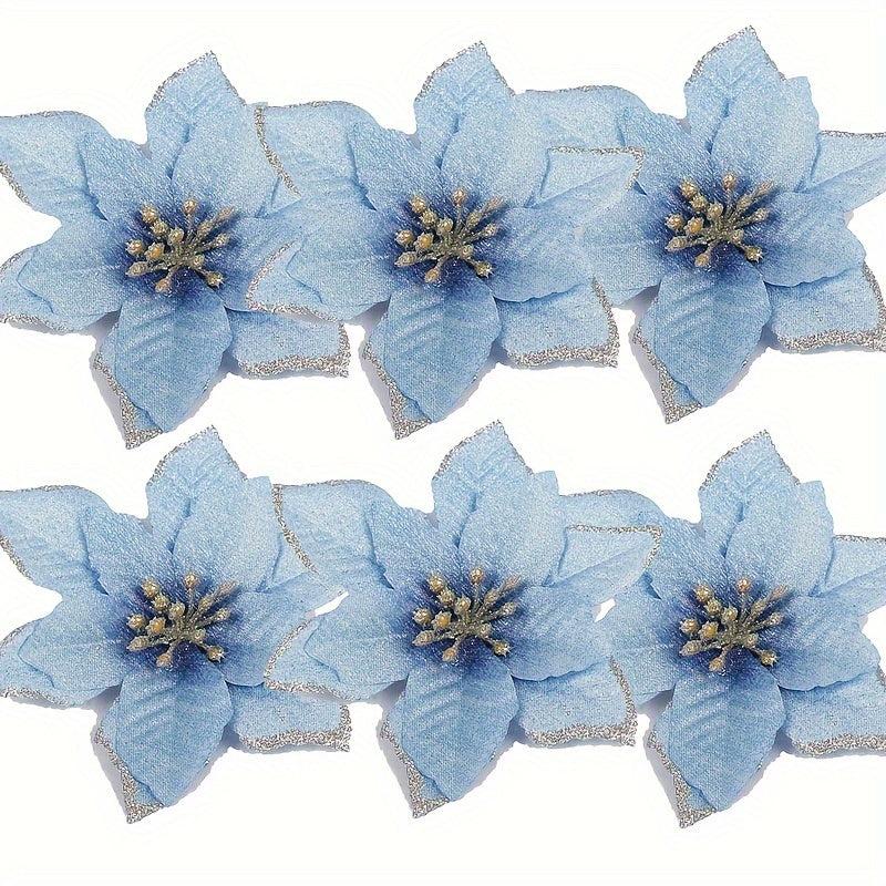 6pcs Glitter Flower Christmas Ornaments - DIY Xmas Wreath Decor