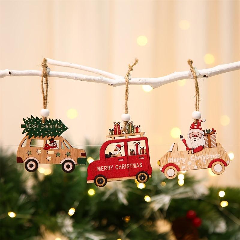 Wooden Colored Santa Claus Car Small Tree Ornaments