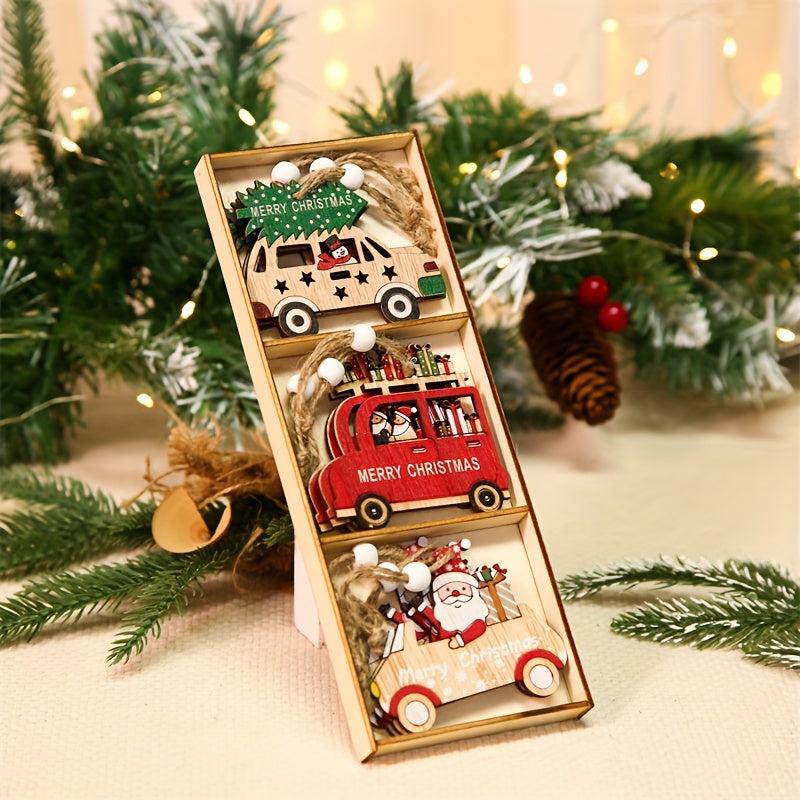 Wooden Colored Santa Claus Car Small Tree Ornaments