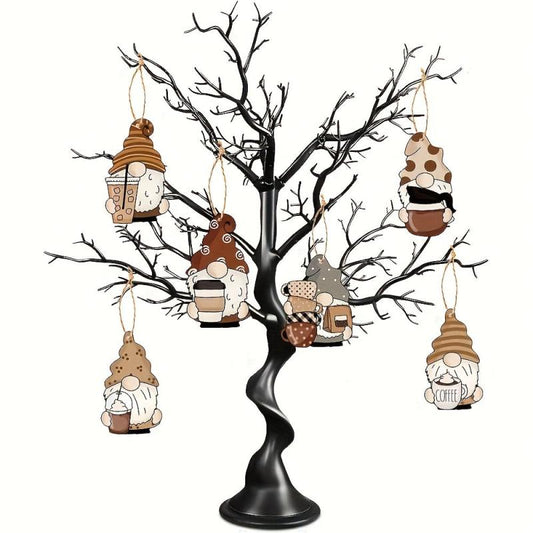 6pcs Coffee Gnome Tree Ornaments Wooden Hanging Gnomes Ornaments