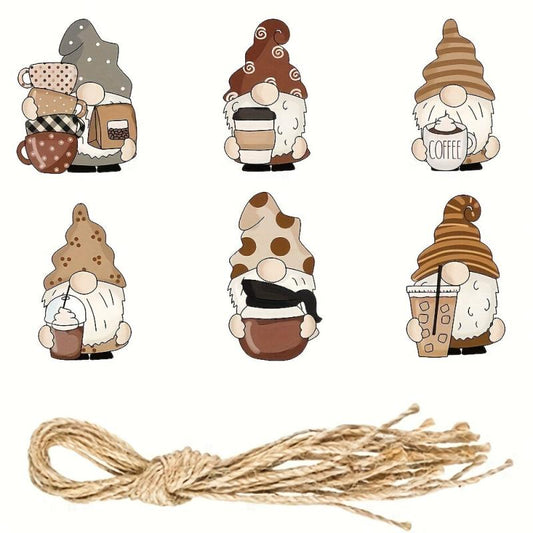 6pcs Coffee Gnome Tree Ornaments Wooden Hanging Gnomes Ornaments