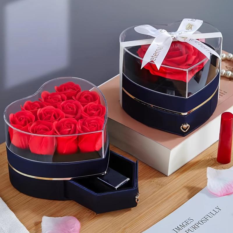 Simulated Rose Jewelry Box Earrings Ring Necklace