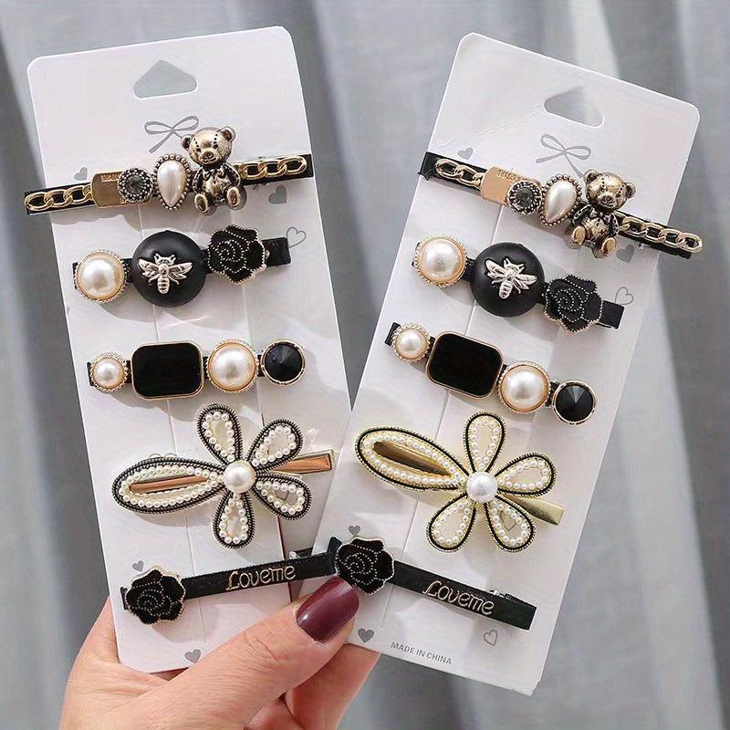 6pcs Retro Teddy Bear Flower Hair Clip Feather Scissors Faux Pearl Side Clip