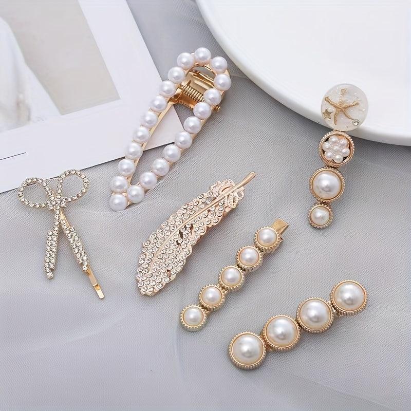 6pcs Retro Teddy Bear Flower Hair Clip Feather Scissors Faux Pearl Side Clip
