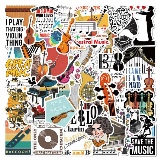 50 Pcs Orchestral Music Stickers Violin Clarinet Luggage Laptop Scrapbook