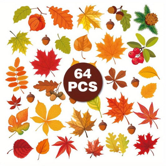 64pcs 6 Sheets Fall Window Stickers Leaf Thanksgiving Glass Stickers