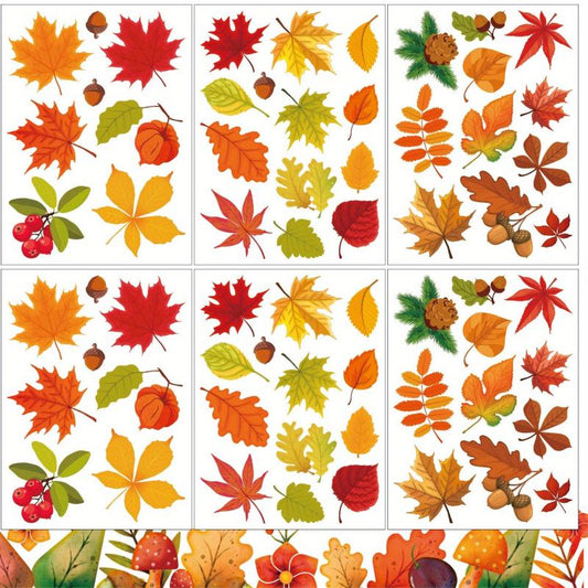 64pcs 6 Sheets Fall Window Stickers Leaf Thanksgiving Glass Stickers