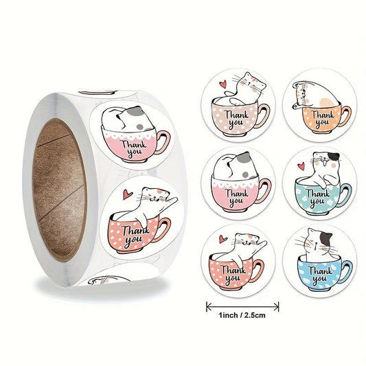 500pcs Cartoon Coffee Cup Thank You Stickers Roll
