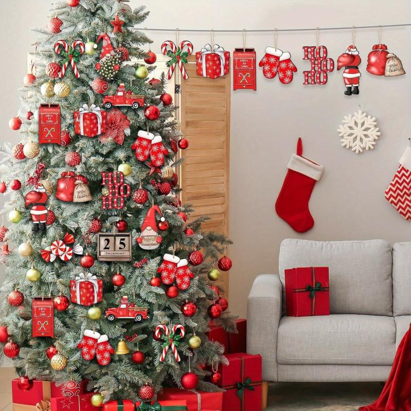 36pcs Red Christmas Wooden Decorations Tree Hanging Home Decor