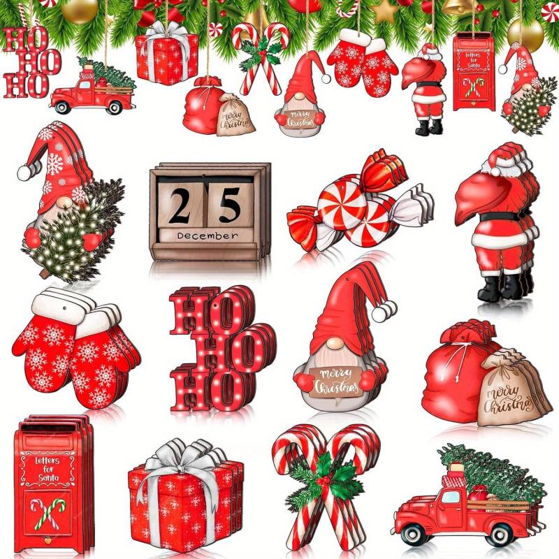36pcs Red Christmas Wooden Decorations Tree Hanging Home Decor