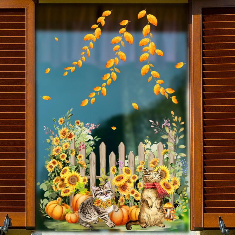 Golden Leaf Sunflower Cat Glass Sticker Double Sided Wall Decal