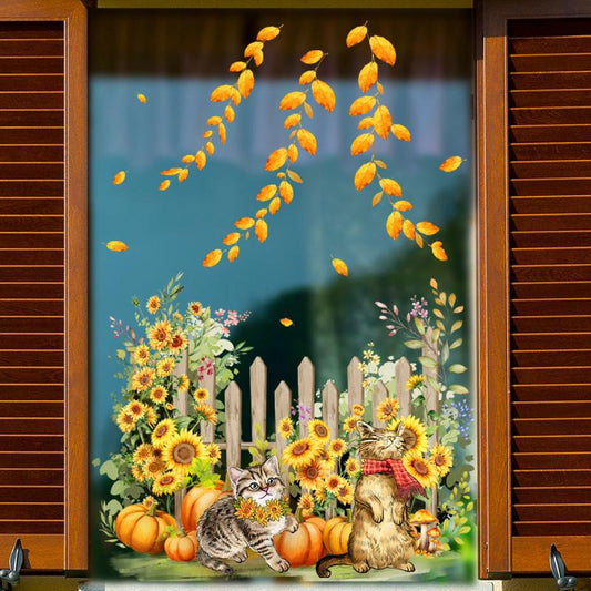 Golden Leaf Sunflower Cat Glass Sticker Double Sided Wall Decal