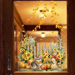 Golden Leaf Sunflower Cat Glass Sticker Double Sided Wall Decal