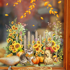 Golden Leaf Sunflower Cat Glass Sticker Double Sided Wall Decal