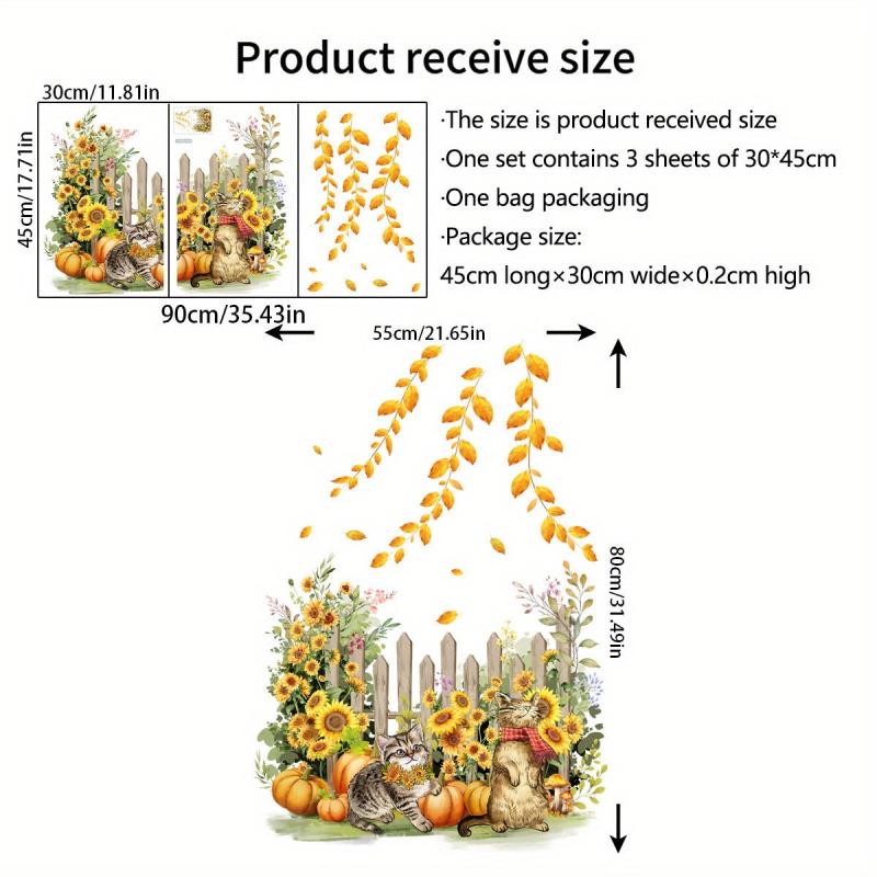 Golden Leaf Sunflower Cat Glass Sticker Double Sided Wall Decal