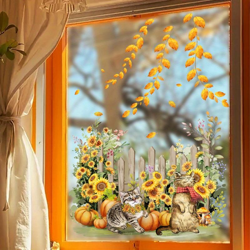 Golden Leaf Sunflower Cat Glass Sticker Double Sided Wall Decal