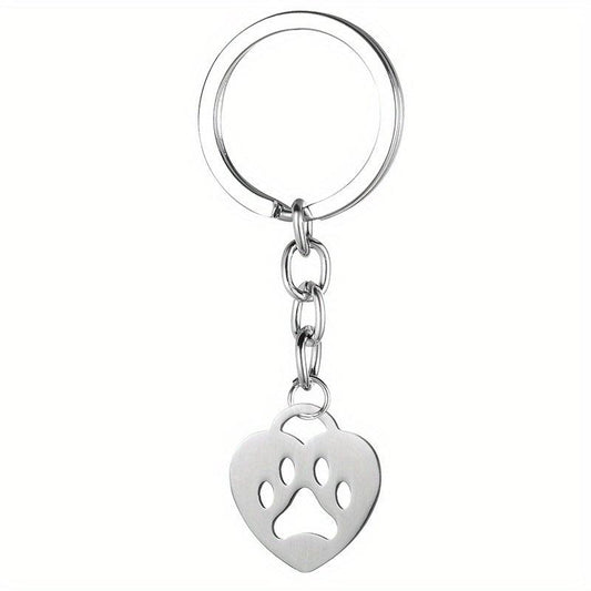 Heart shaped Bear Paw Print Pendant Keychain Stainless Steel Gift