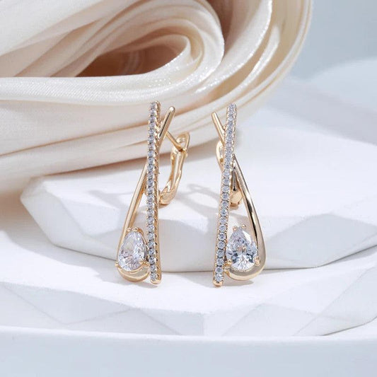 Water Drop Zircon Long Drop Earrings Golden Jewelry Stone Clip Earrings